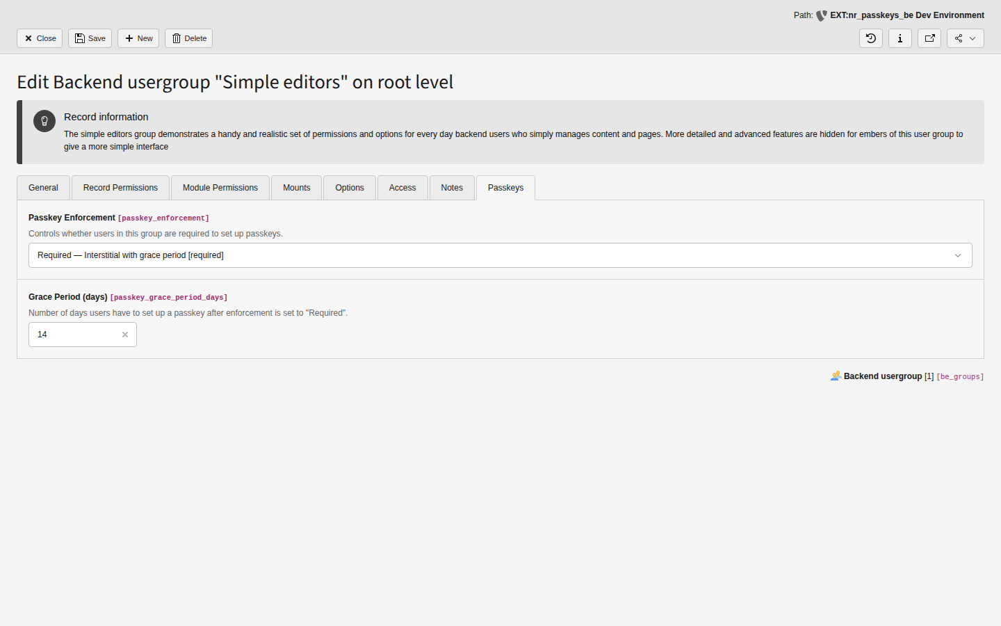 Backend user group record showing Passkeys tab with enforcement dropdown and grace period field