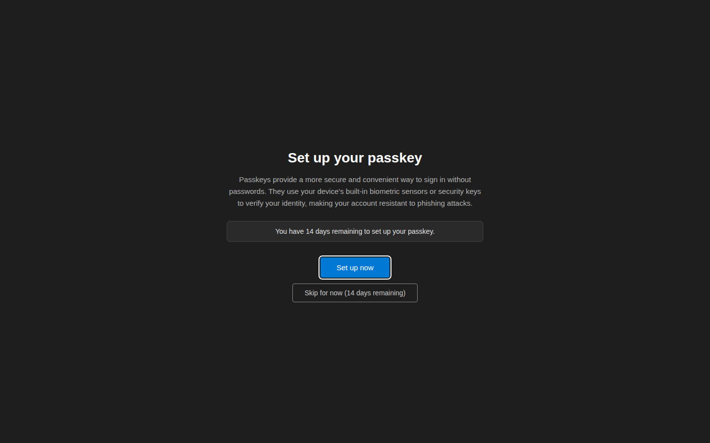 Full-page interstitial prompting user to set up a passkey with countdown and skip option