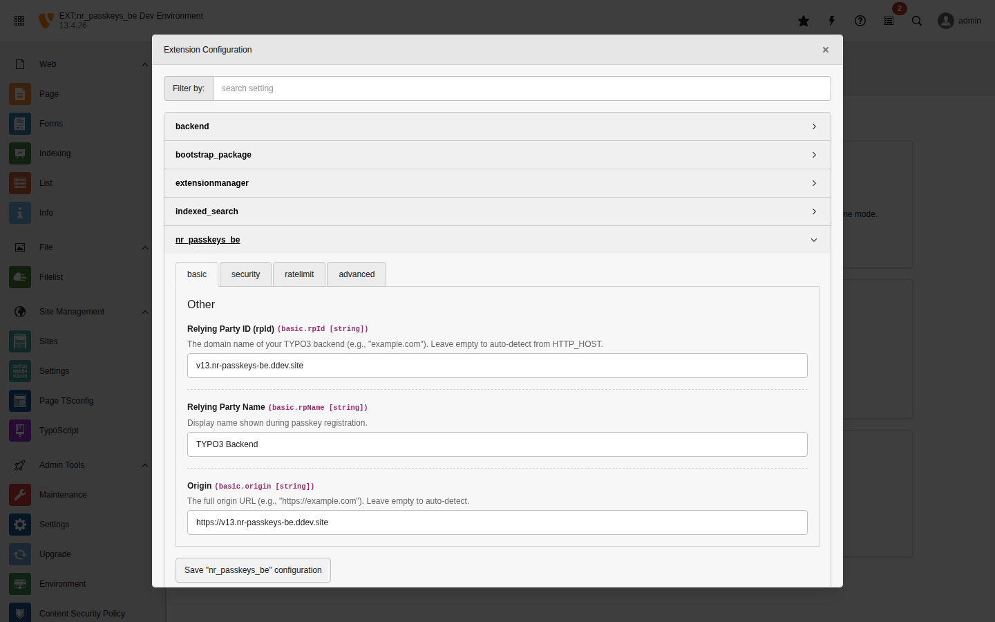 TYPO3 Extension Configuration screen for nr_passkeys_be showing all available settings