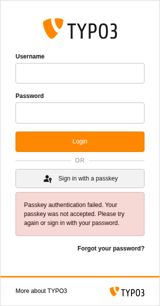 Login form showing passkey authentication failed error