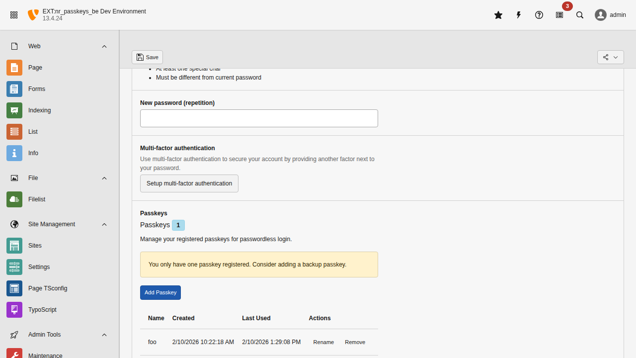 User Settings page with Passkeys management section