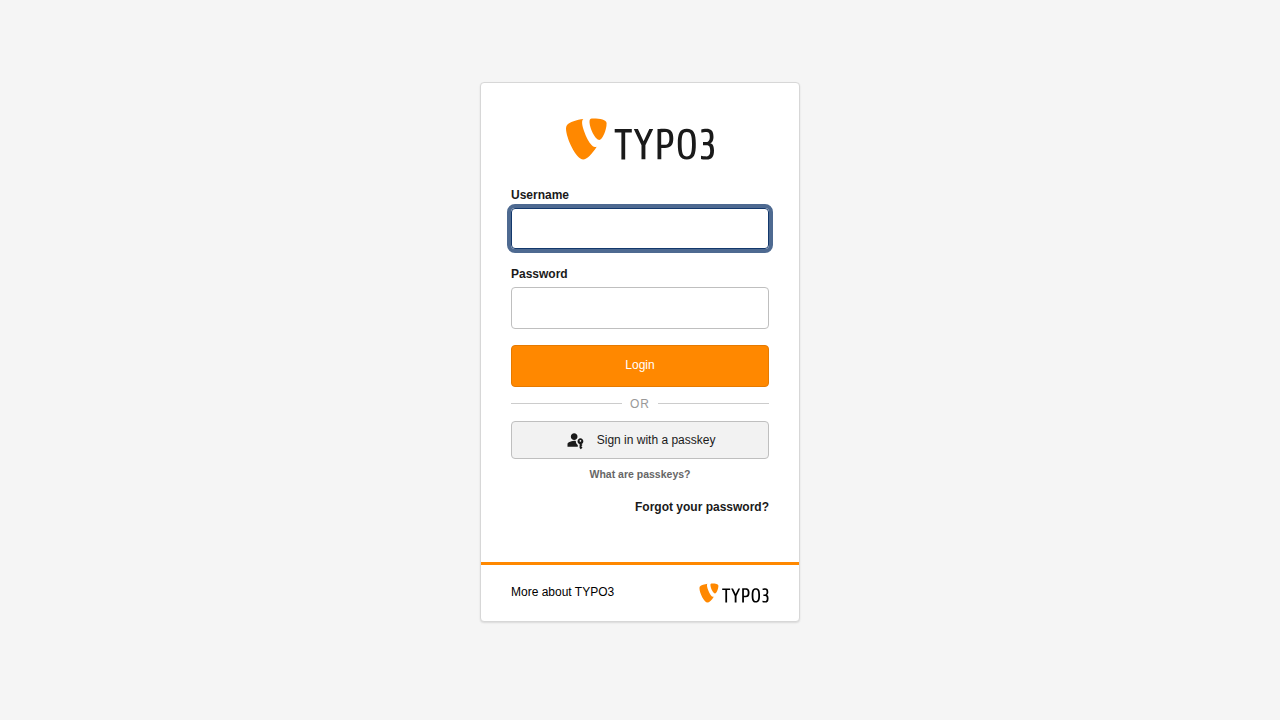 TYPO3 login form with Sign in with a passkey button