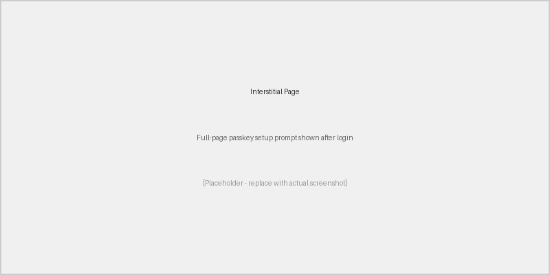 Full-page interstitial prompting user to set up a passkey with countdown and skip option