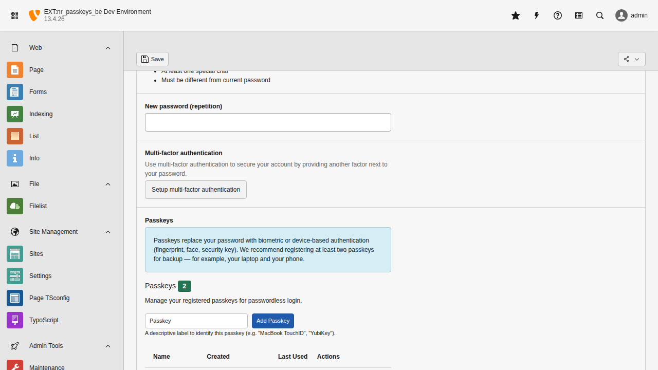 User Settings page with Passkeys management section