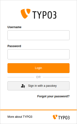 TYPO3 login form with Sign in with a passkey button