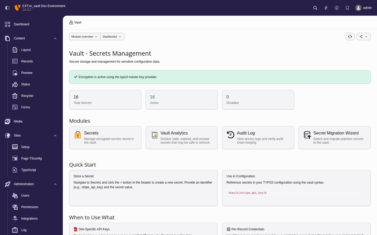 nr-vault backend module showing vault overview with statistics and quick start guide