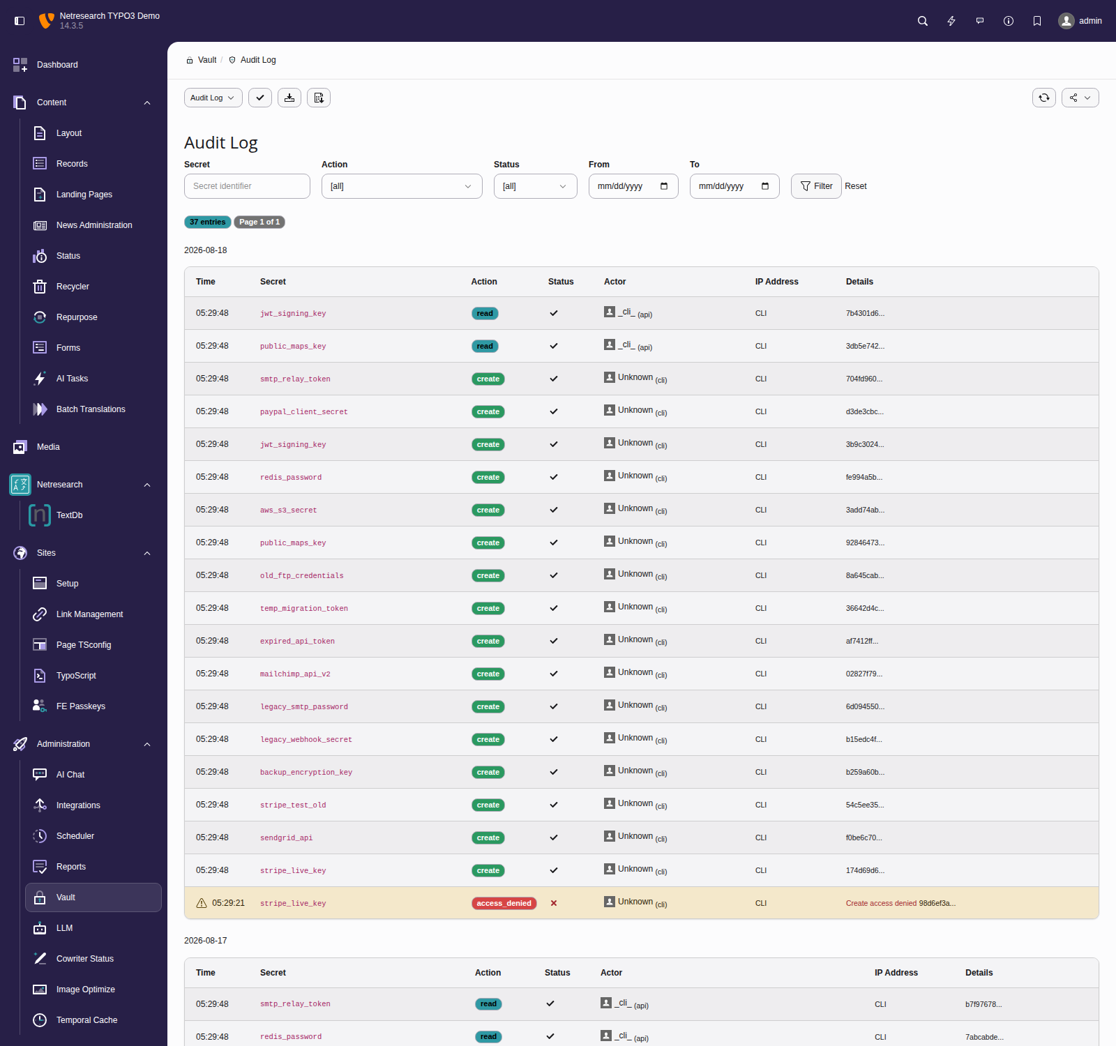 Audit log showing secret access history with timestamps, actors, and IP addresses