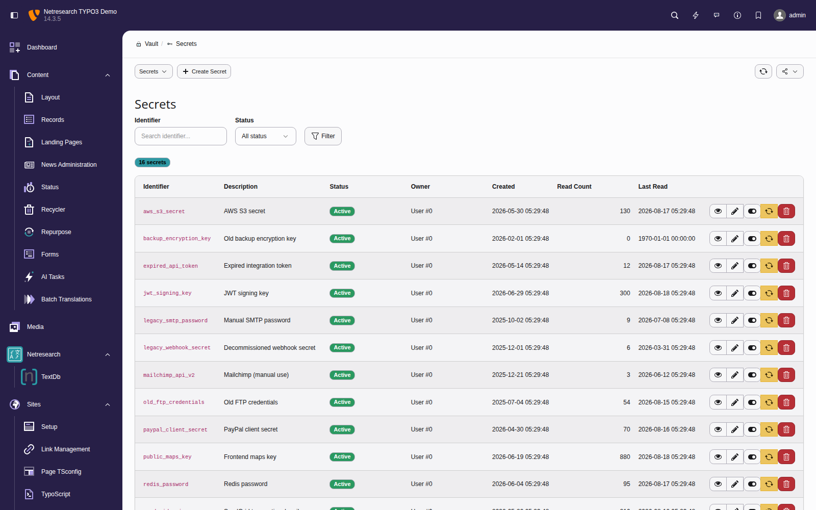 Secrets list view showing secret identifiers, contexts, and metadata