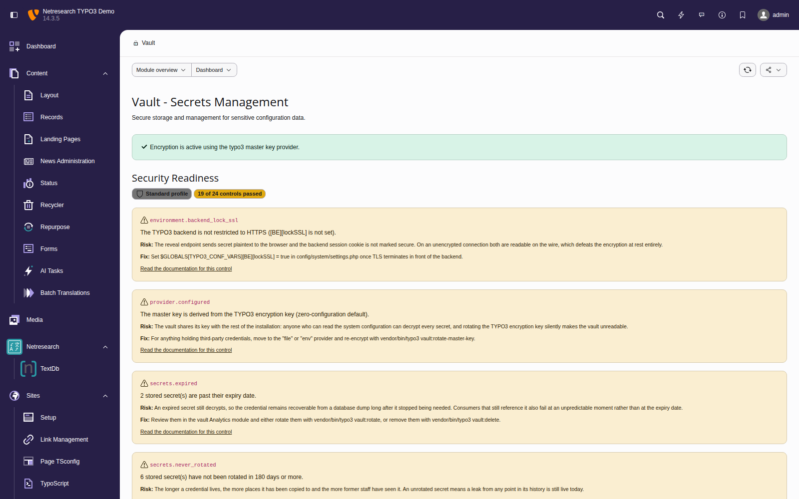 nr-vault backend module showing vault overview with statistics and quick start guide