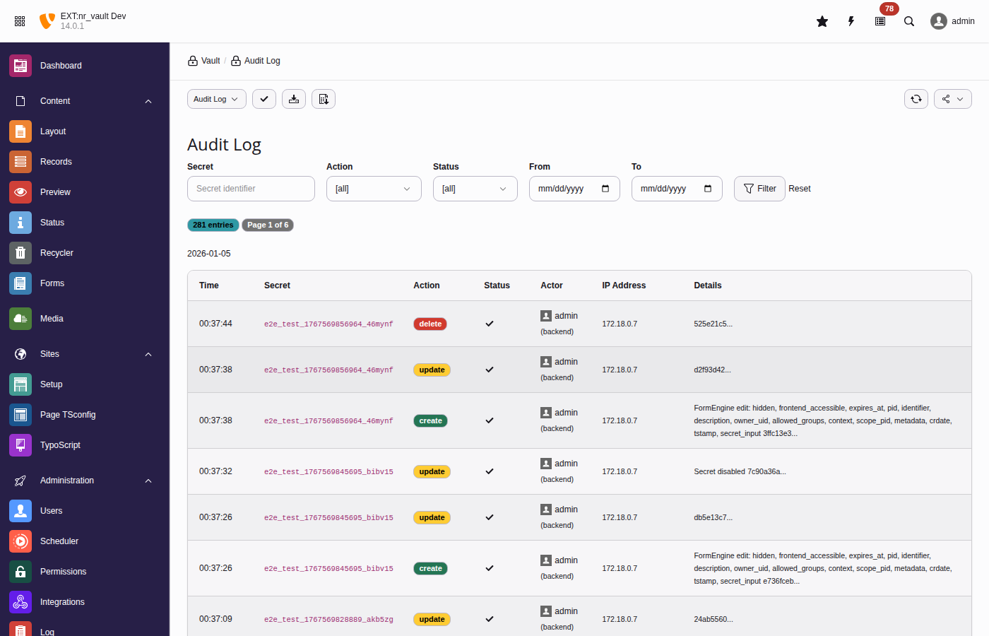 Audit log showing secret access history with timestamps, actors, and IP addresses