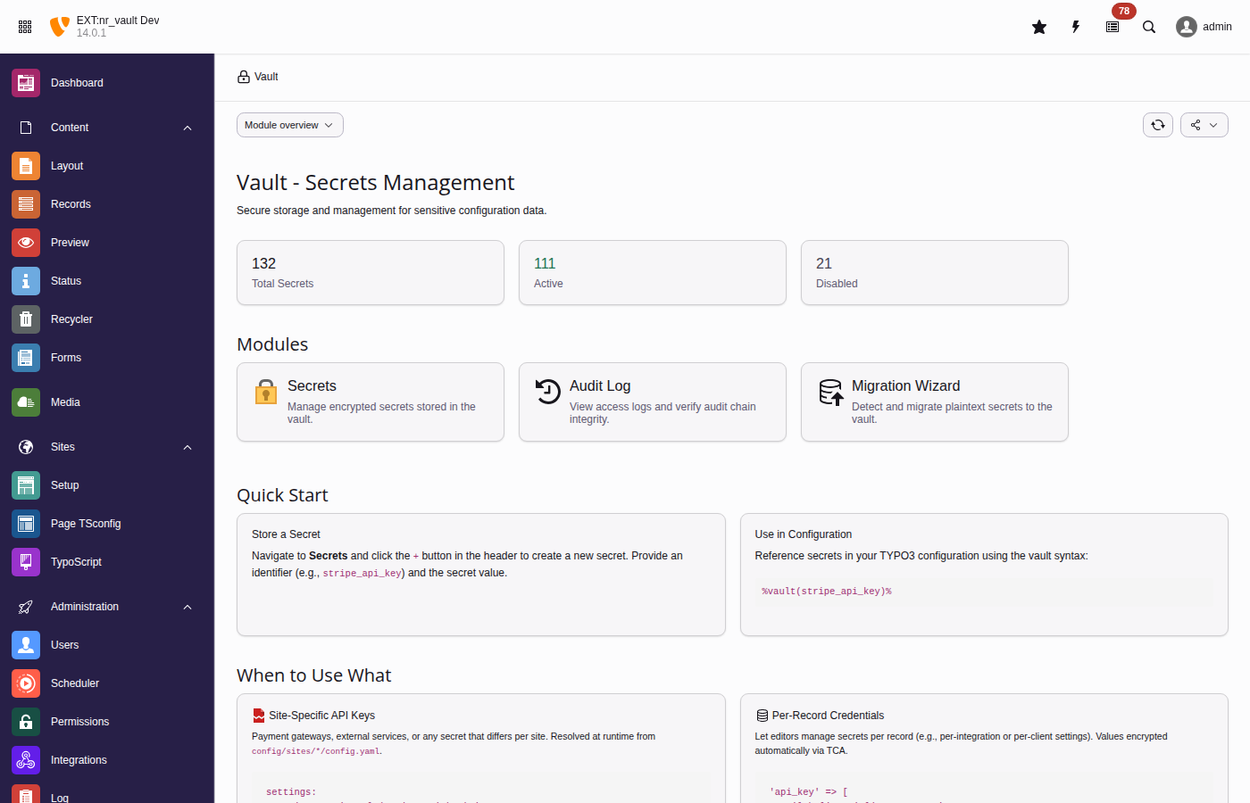 nr-vault backend module showing vault overview with statistics and quick start guide