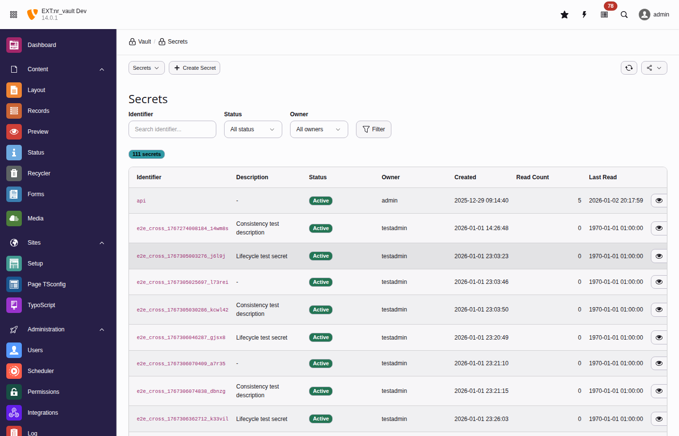 Secrets list view showing secret identifiers, contexts, and metadata