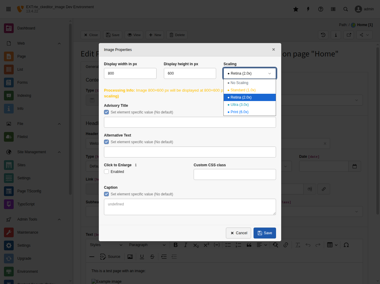 Quality selector dropdown in image properties dialog