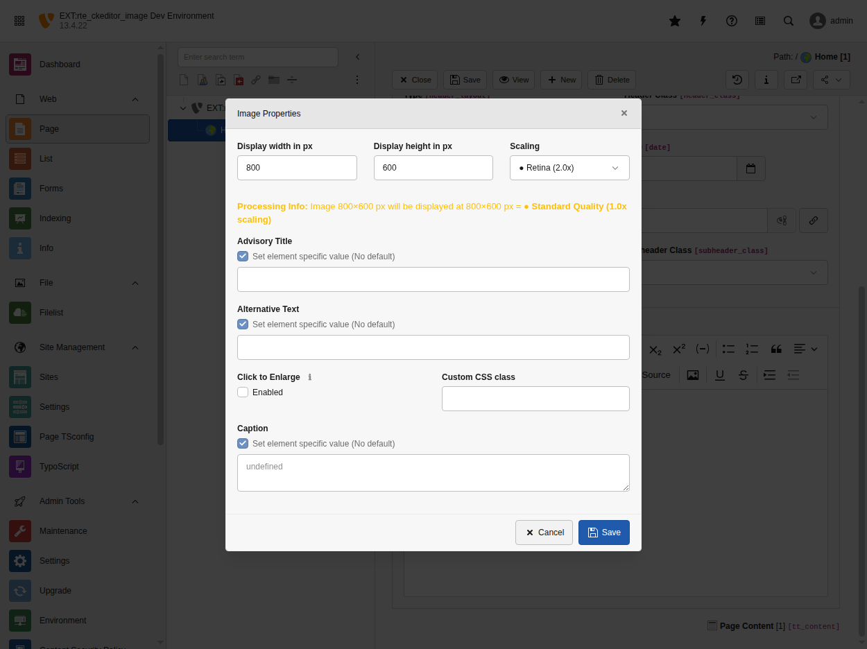Image properties dialog showing all configuration options including Click Behavior dropdown