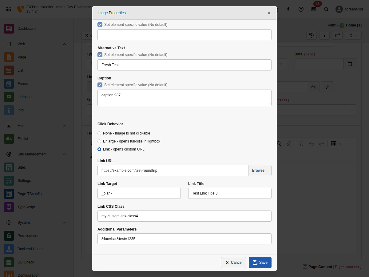 Click Behavior options showing None, Enlarge, and Link radio buttons