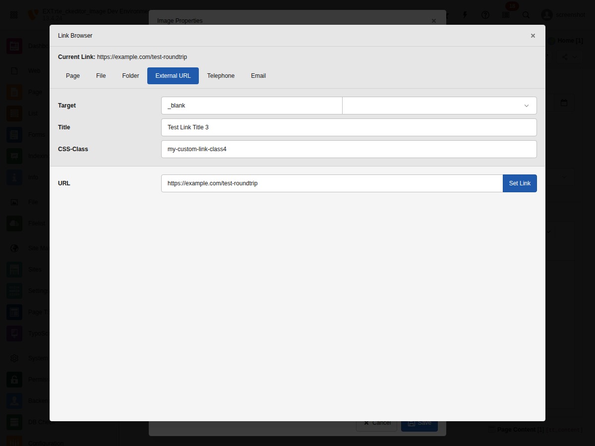 TYPO3 Link Browser dialog with Page, File, Folder, External URL, Telephone, and Email tabs