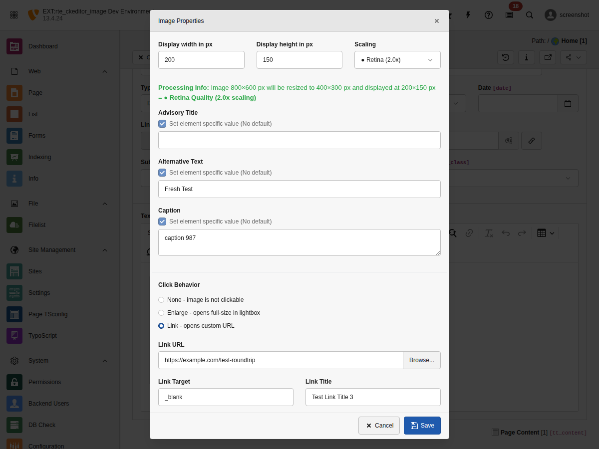 Link fields showing URL, Target, Title, CSS Class, and Additional Parameters