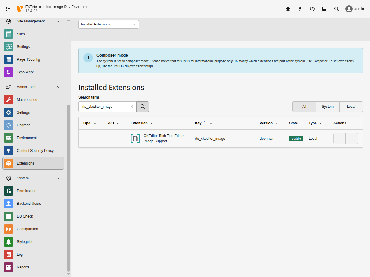 Extension Manager showing RTE CKEditor Image extension installed