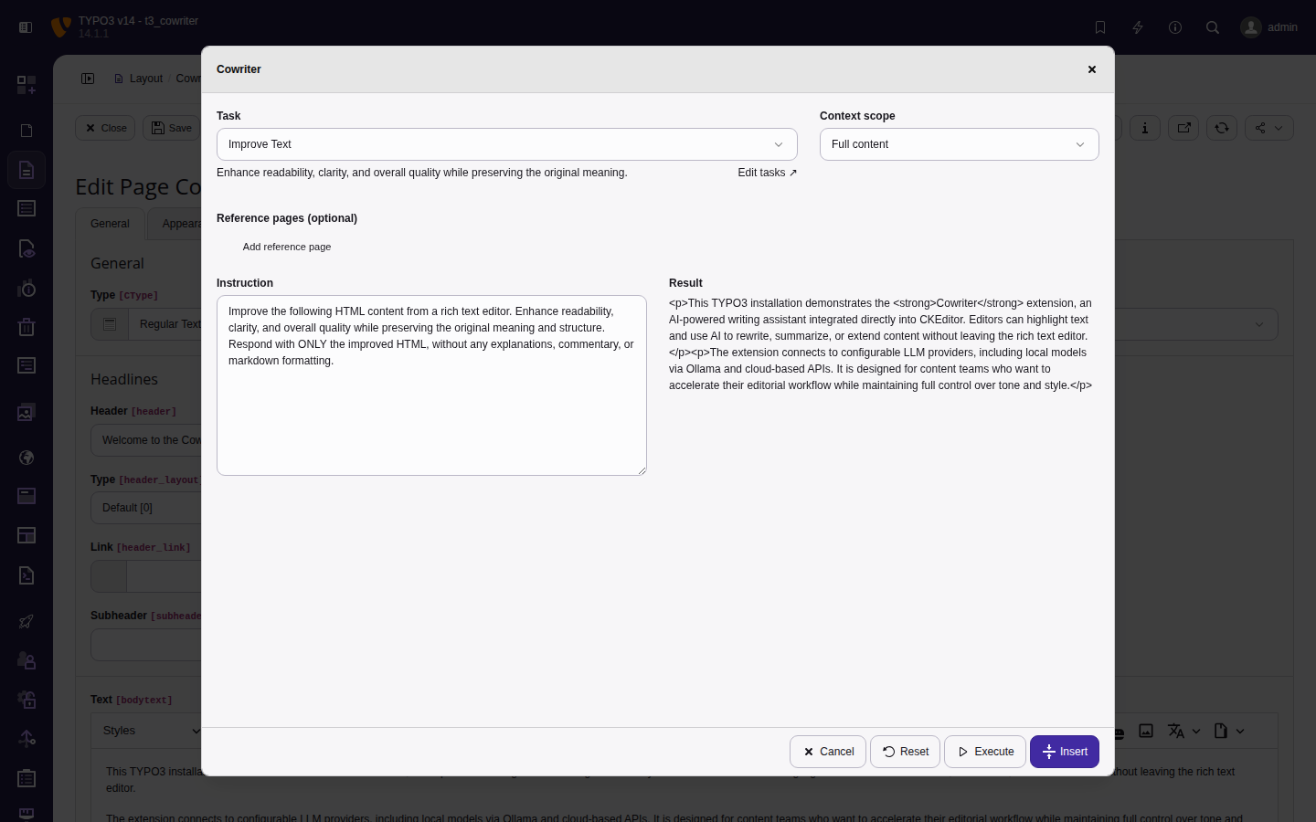 Cowriter dialog in TYPO3 v14 backend