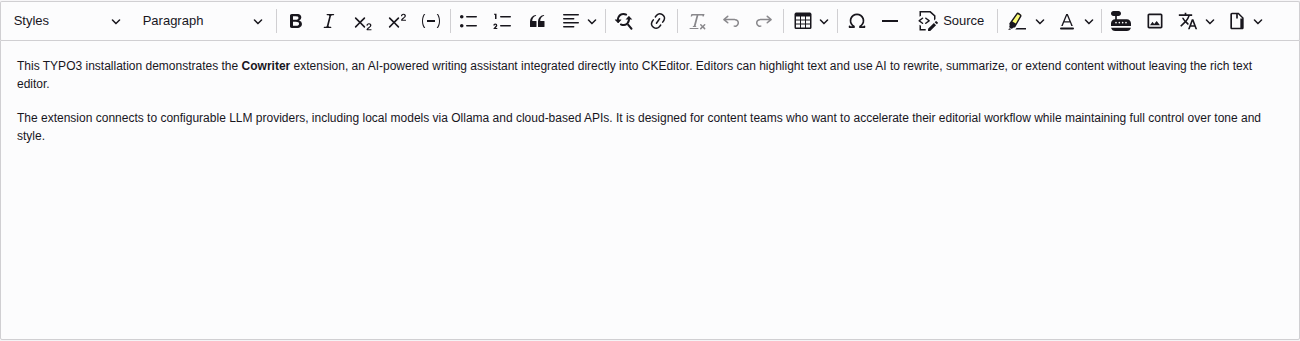 CKEditor toolbar with Cowriter button