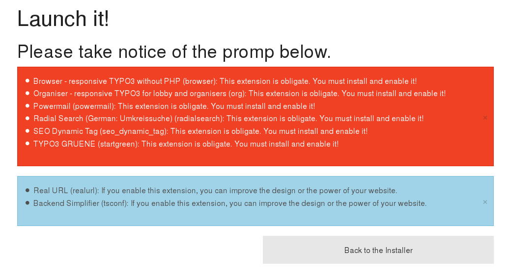 Prompt with Dependencies of Launch TYPO3 GRUENE!