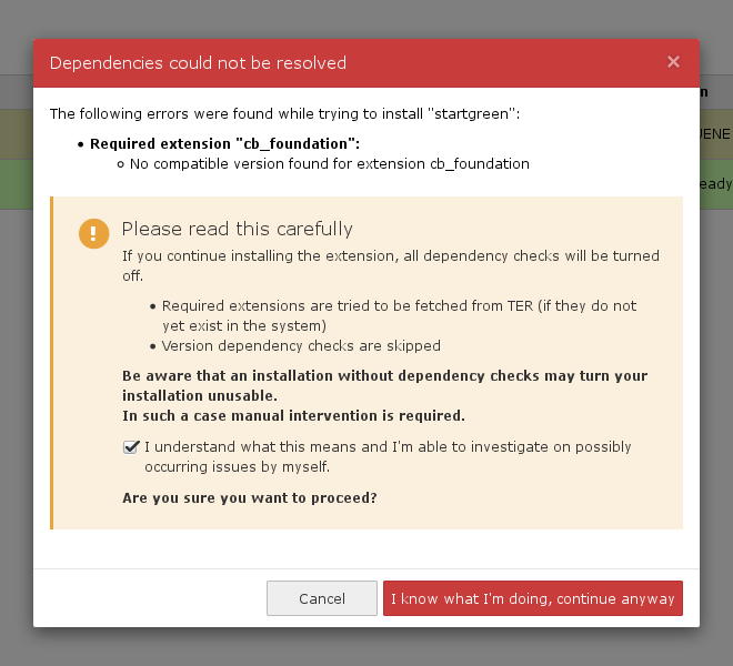 No compatible version found while launching TYPO3 GRUENE!