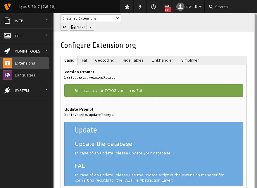 Organiser extension manager