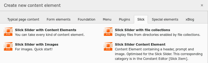 New Content Element Wizard with Slick