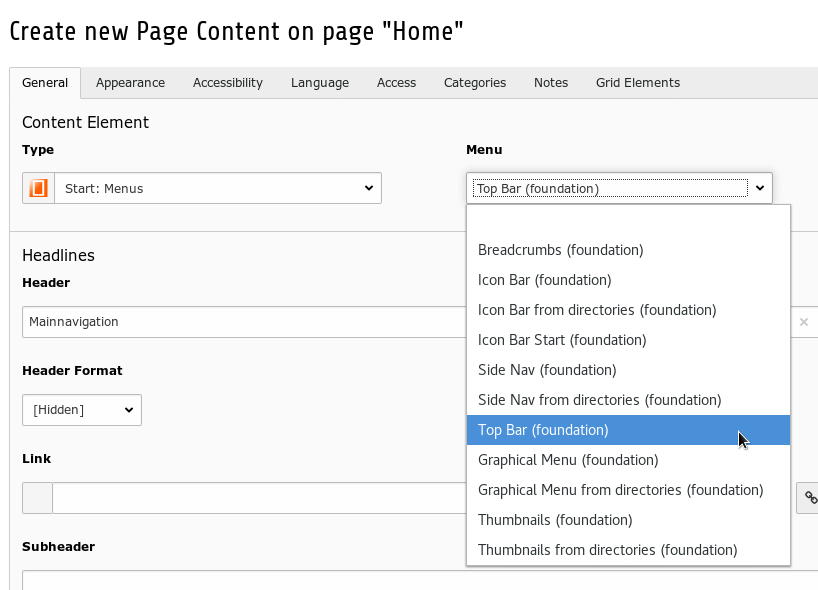 Content element with the type [Start: menus]