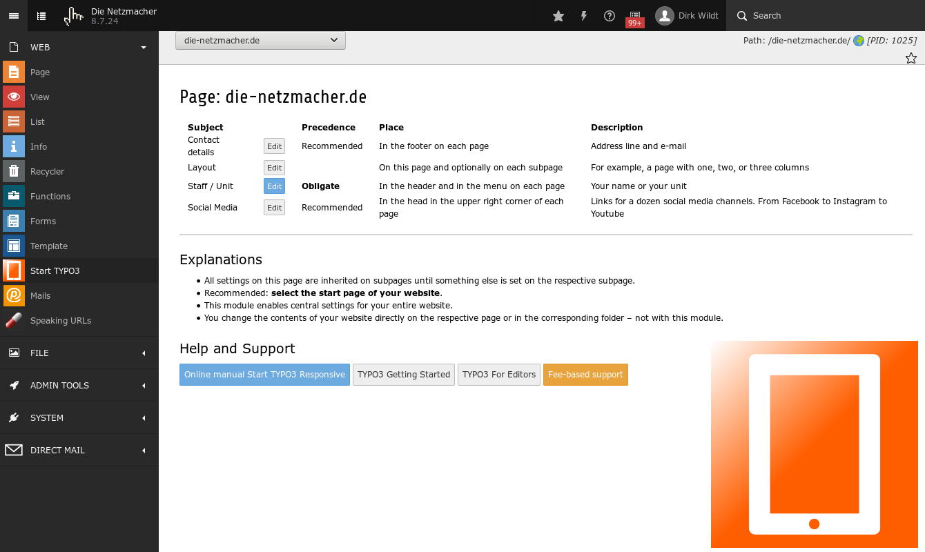 Module Start TYPO3 Interface