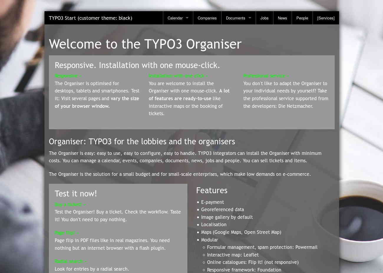Start TYPO3 Responsive +Customer: theme black