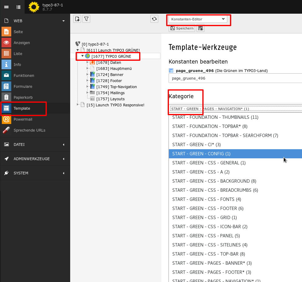 User-interface von TYPO3 GRÜNE