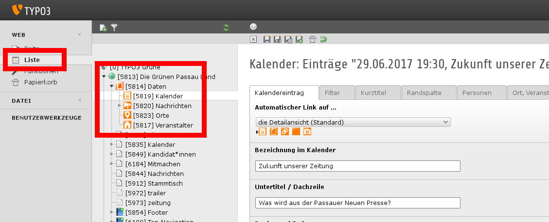 TYPO3 GRÜNE Kalender-Formular