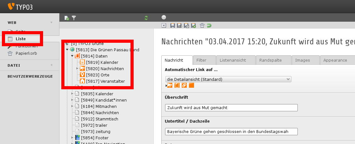 TYPO3 GRÜNE Nachrichten-Formular