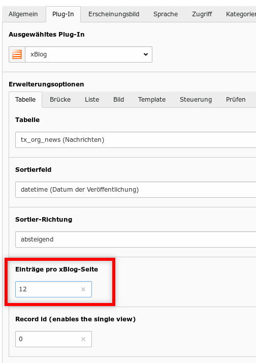 TYPO3 xBlog tab Table: Setup the maximum amount of records per page