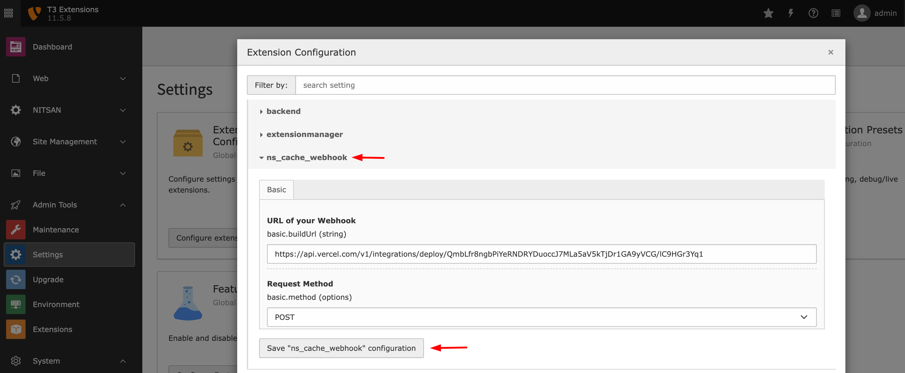 Configuration TYPO3 Extension Cache Webhook