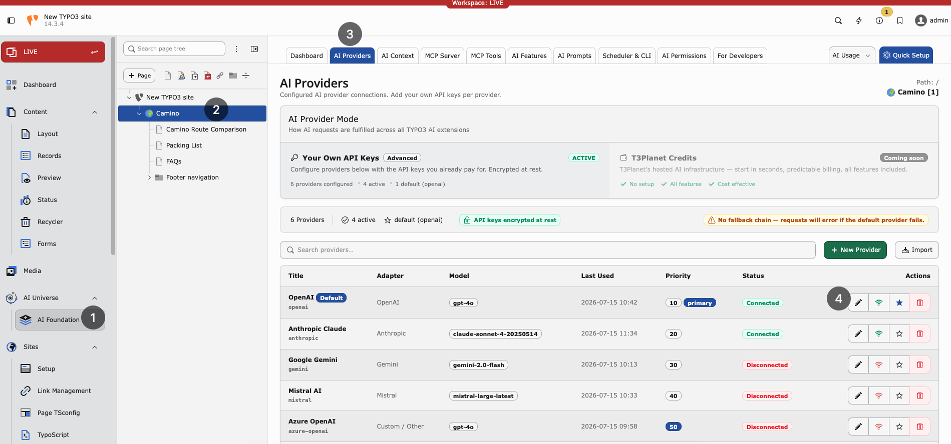 AI Providers list with configured vendors, models, status, and actions