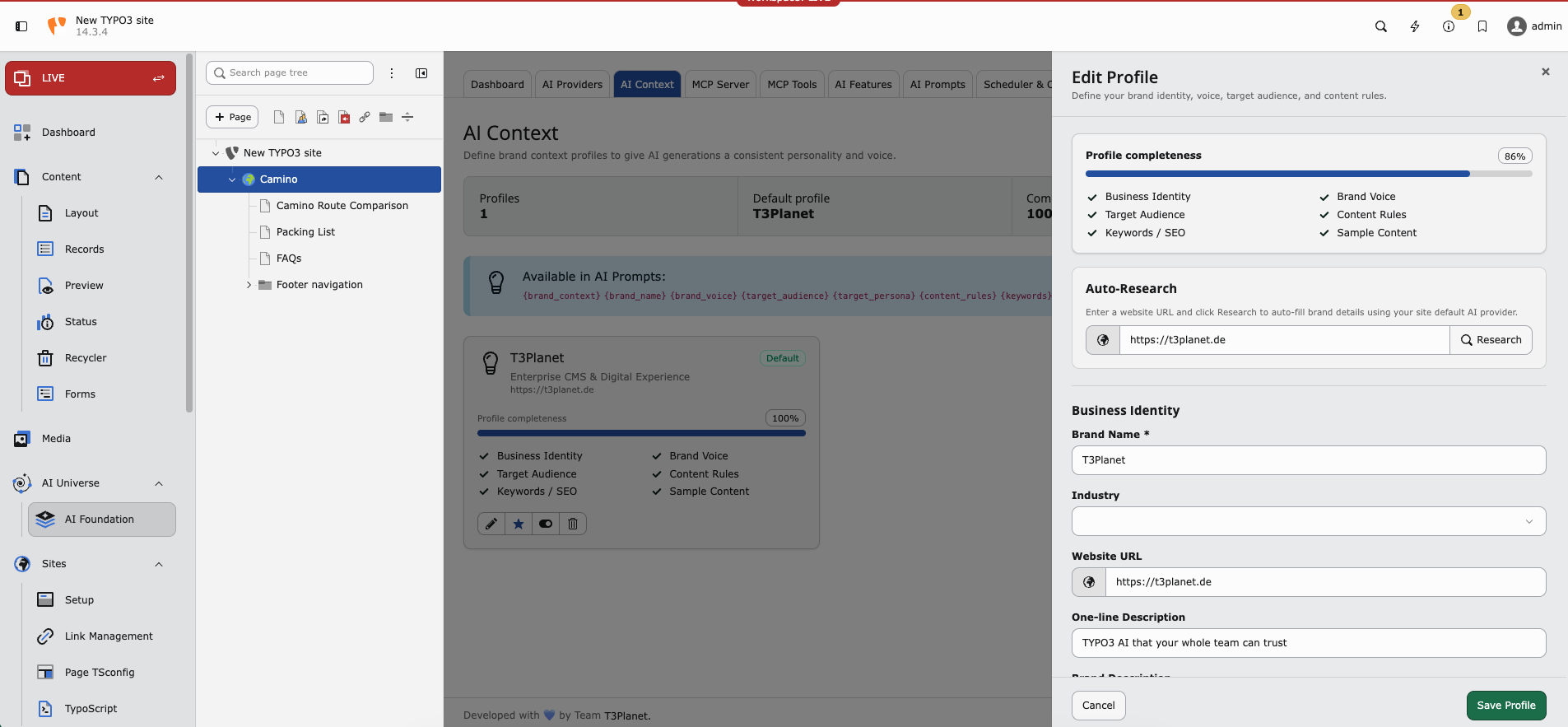 Edit AI Context profile drawer with auto-research and business identity fields