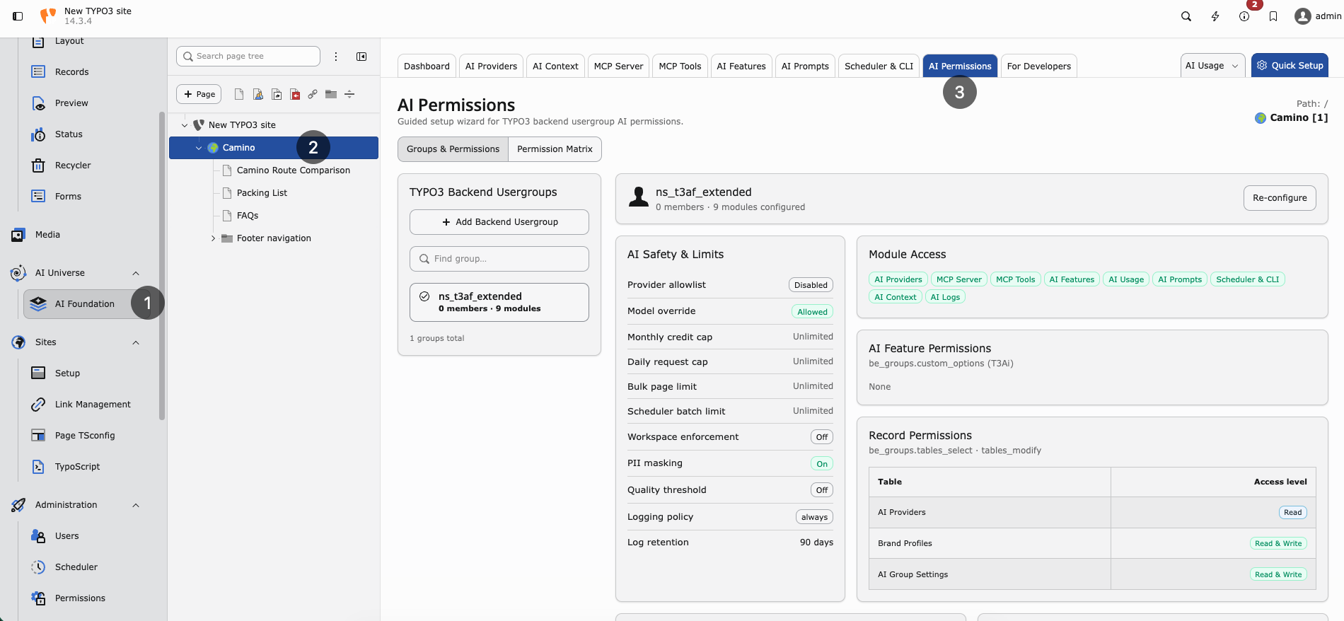 AI Permissions with TYPO3 backend usergroups and permission matrix