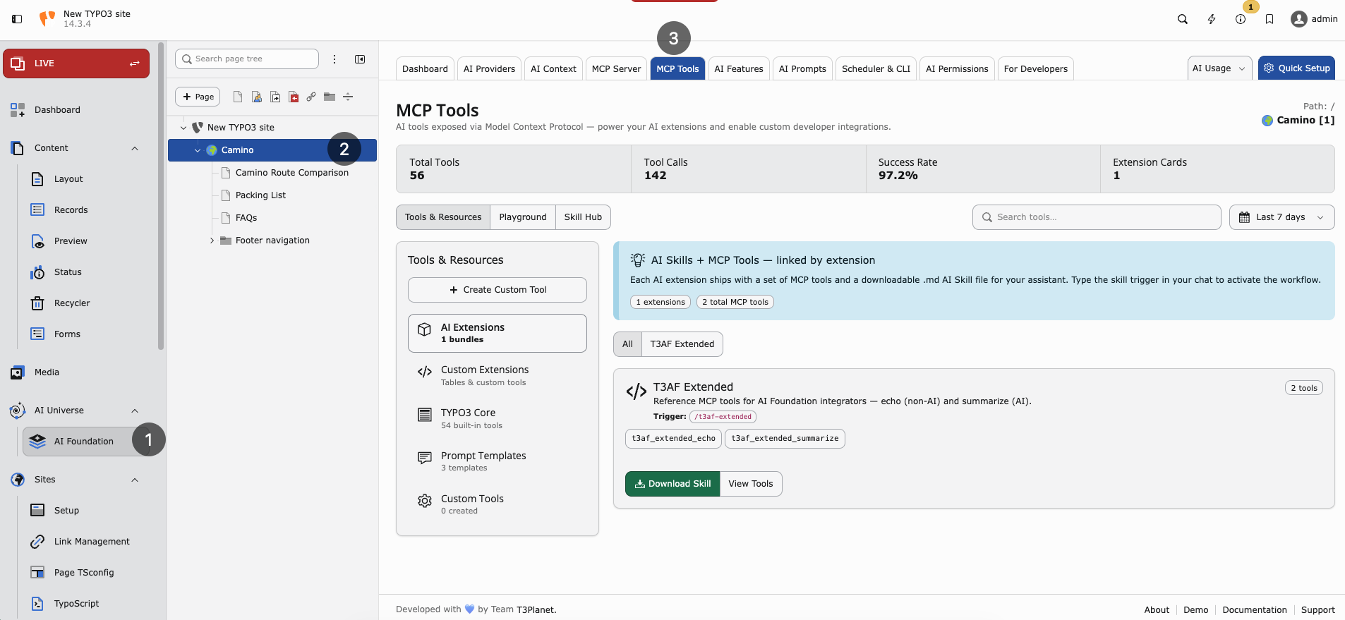 MCP Tools catalog with TYPO3 Core tools and extension skill cards