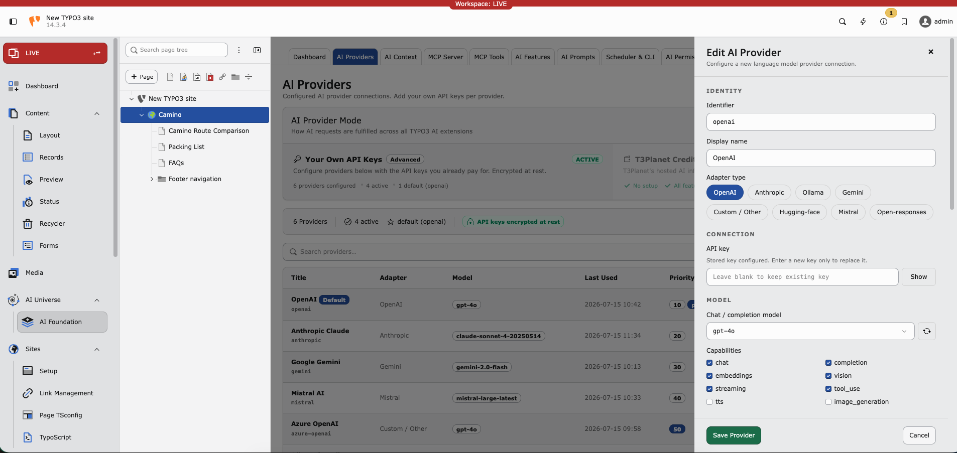 Edit AI Provider drawer with adapter, API key, model, and capabilities