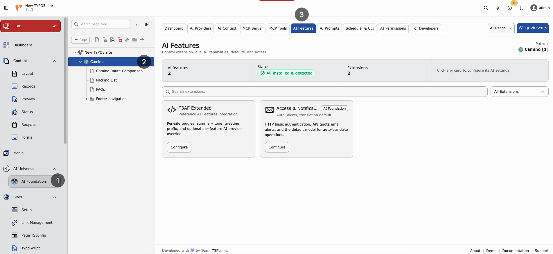AI Features cards for extension-level AI settings