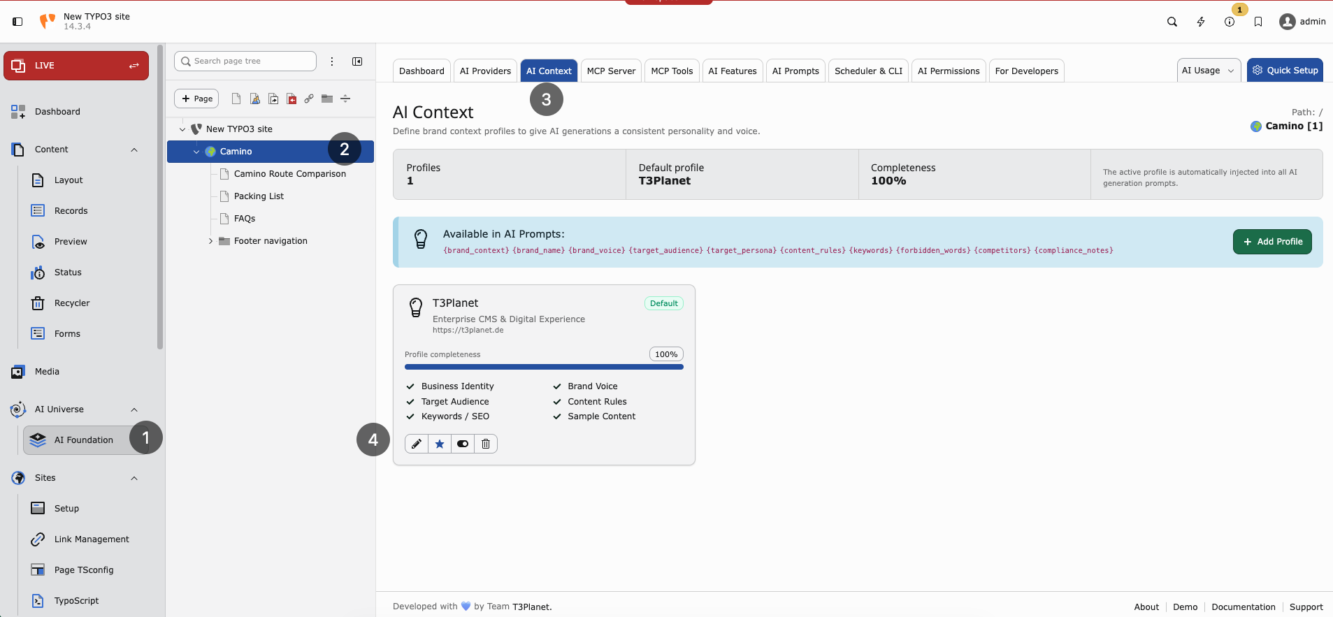 AI Context profiles list with default profile completeness checklist