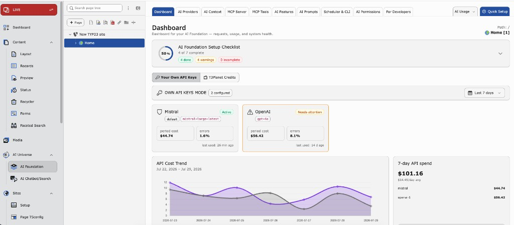 AI Foundation Dashboard with setup checklist, Own API Keys mode, provider status, and cost trend