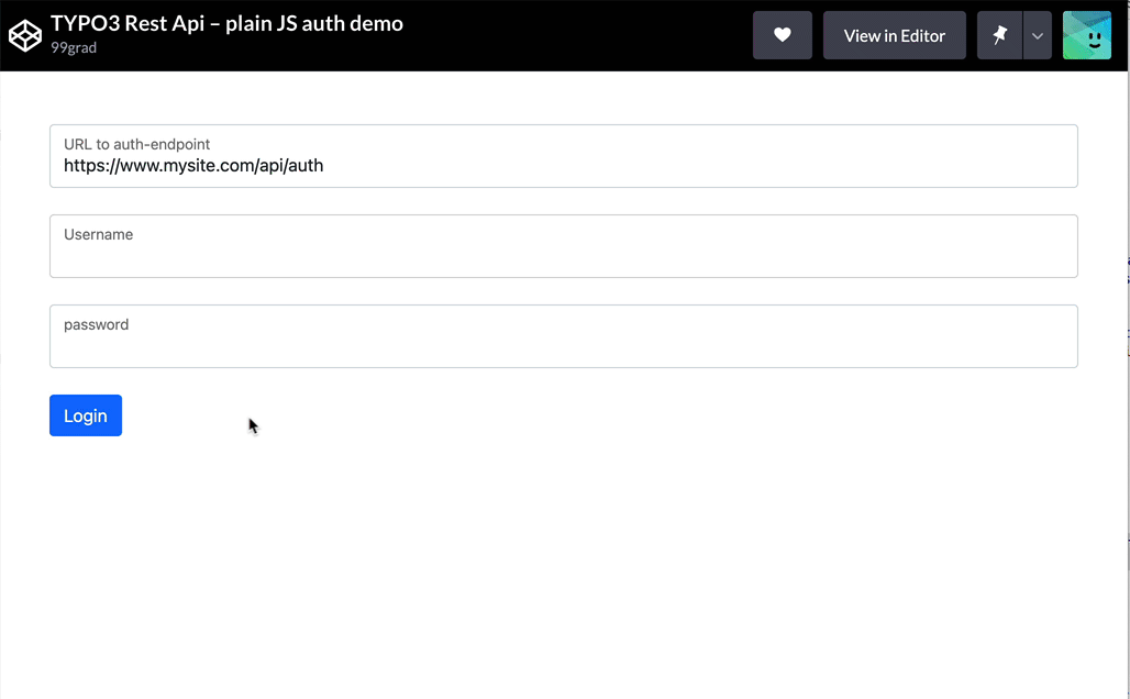 TYPO3 Rest Api - Codepen example