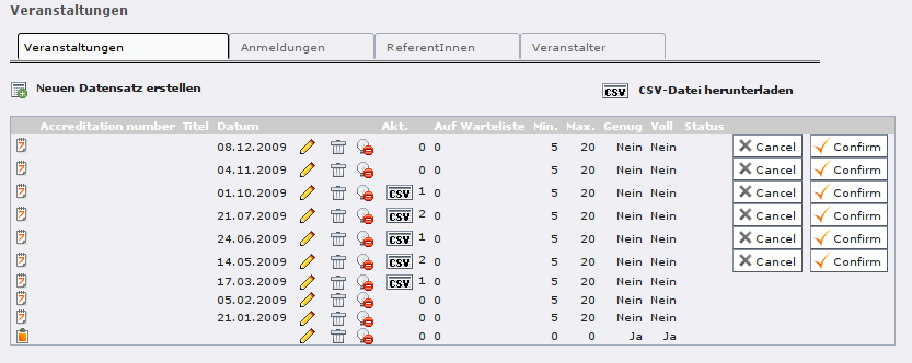 Tab "Events" in the back-end module “Events”