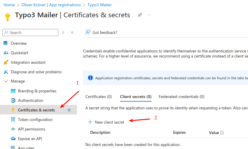 Certificates & secrets page with New client secret button