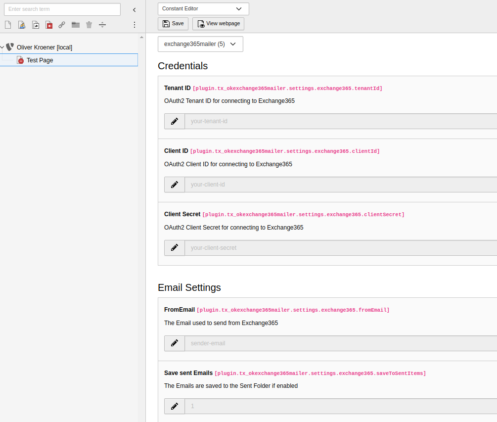 TYPO3 TypoScript configuration showing Exchange365 frontend parameters