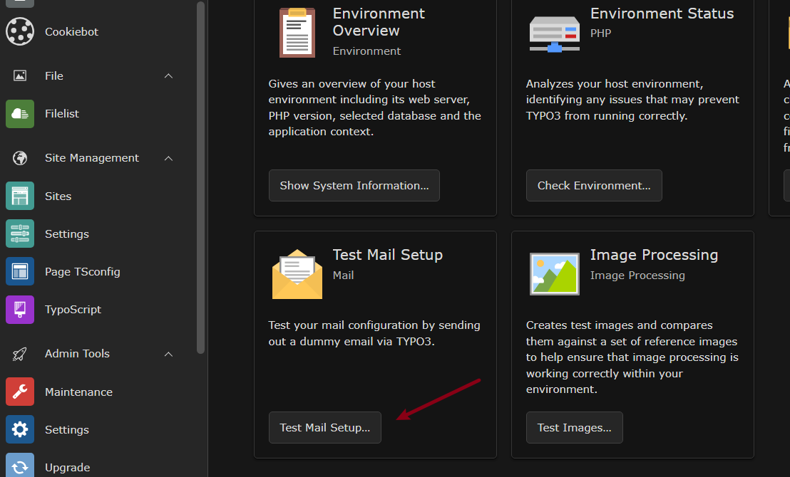 TYPO3 Admin Panel showing mail transport configuration