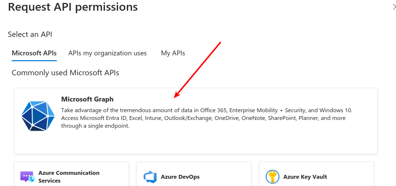 Request API permissions dialog with Microsoft Graph selection